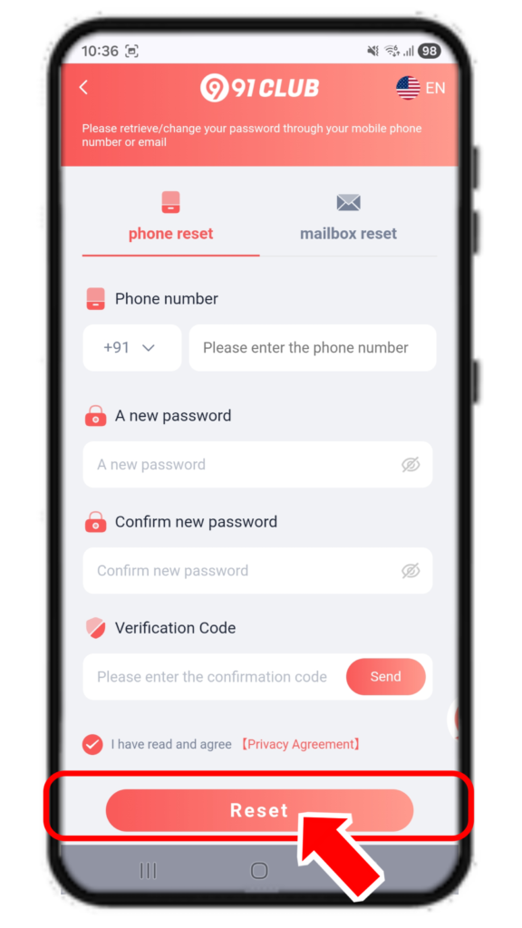 91 club forgot passsword
